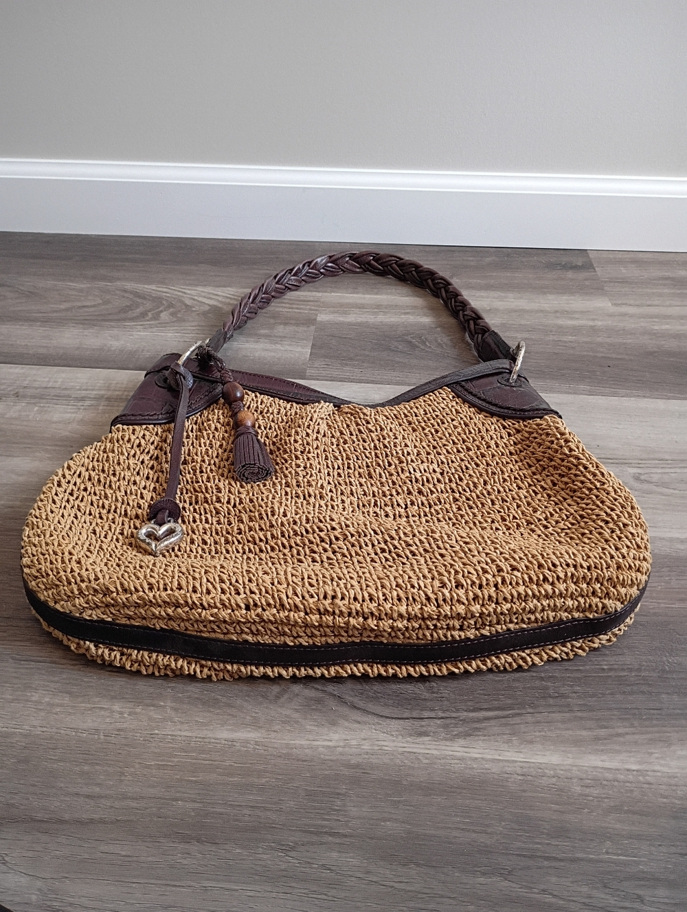 Brighton Y2K Raffia Woven Straw Brown Braided Leather Strap Shoulder Satchel Bag - Picture 3 of 6